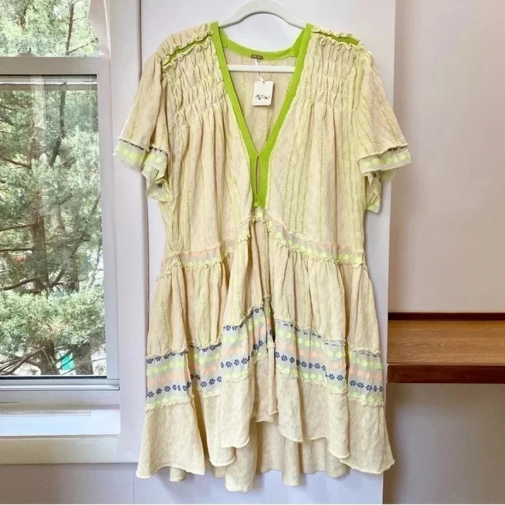 New Free People Bella Embroidered Babydoll Boho Tunic Dress Cream XS/S